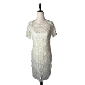 Ralph Lauren Crochet Lace Dress Women Medium Ivory Short Sleeve Shift Mini Retro thumbnail 2
