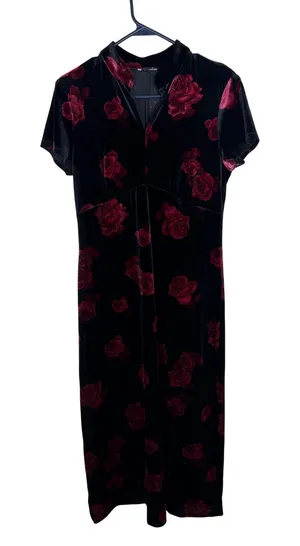 Vintage Black Velvet Red Rose Floral Maxi Dress Mandarin Collar 90s Goth Dress thumbnail 1