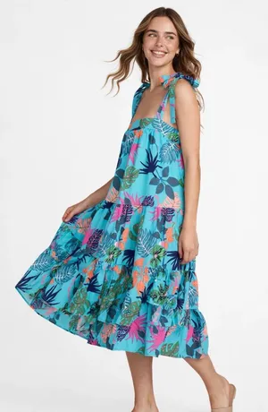 Umgee Teal Tropical Tie Strap Tiered Maxi Dress Medium thumbnail 1