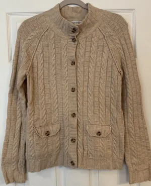Banana‎ Republic Cardigan Sweater Sz Med Cashmere Blend Tan Cable Knit Mock Neck thumbnail 1