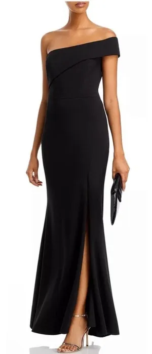 Aqua Scuba Crepe Off Shoulder Gown Size 2 in Black Side Slit‎ Back Zip NEW thumbnail 1