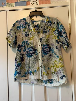 Anthropologie Printed Surf Shirt Short Sleeve Button Down Blue Floral Sz Large thumbnail 5