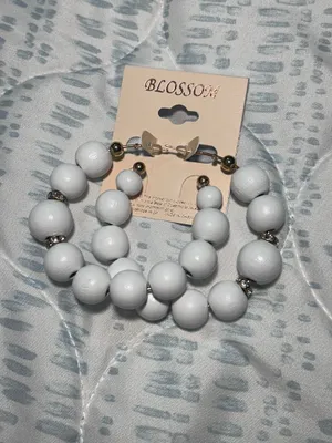 Blossom White Wooden Beaded Hoop Earrings with Gold Accents thumbnail 6