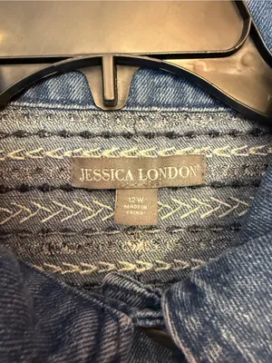 Jessica London Embroidered Long Denim Jacket Button Front Jean Coat Trench 12W thumbnail 2