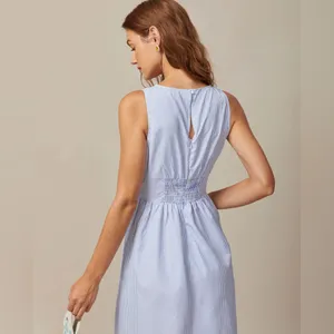Rihoas Blue V Neck Shirred Striped Maxi Dress thumbnail 3