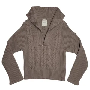 Abercrombie & Fitch V-Neck Sweater Collared Pullover Cable Knit Beige Size:M thumbnail 1