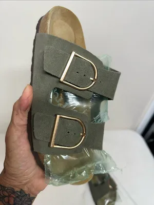 Olive Double-Buckle Slide Sandals with Rose-Gold Buckles Leather thumbnail 3