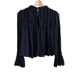 Free People Smocked Bell Sleeve Blouse Small Black Womens Viscose Boho Top thumbnail 6