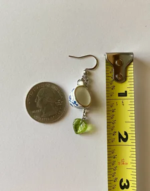 Handmade porcelain tea cup & Czech glass leaf unique fun fairy antique style dangle earrings🫖🍃🌀 thumbnail 7