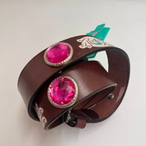 American Bison Leather Belt Medium 35 Brown Pink Rhinestone Western NWT thumbnail 2