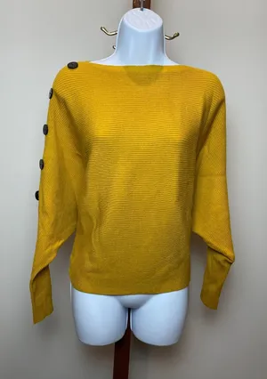 Faith + Zoe Sweater Size L Golden Yellow Ribbed Raglan Sleeve Button Detail NWT thumbnail 1