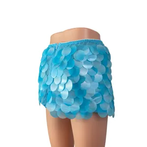 Women's Blue Sequin Shell Mermaid Sparkly High Rise Mini Casual Skirt Size L thumbnail 3