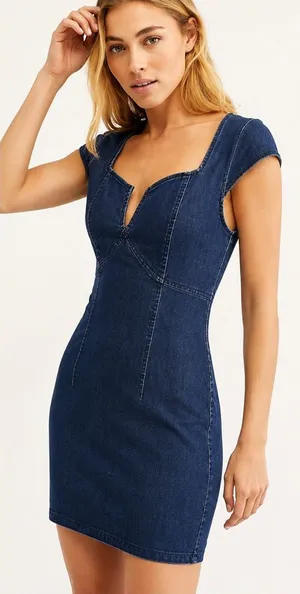 👗 Free People Denim Bodycon Mini Dress XS‎ Sweetheart Neck Zip Back 👗 thumbnail 1