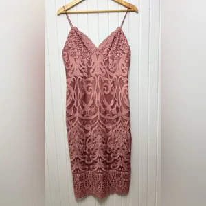 Bardot Gia Lace Pencil Midi Dress Spaghetti Strap Latte‎ Pink Embroidered L thumbnail 3