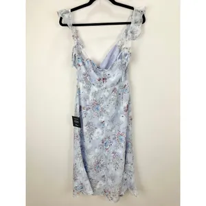 Lulus Delightful Direction Blue Floral Ruffled Tie-Strap Midi Dress Small NWT thumbnail 11