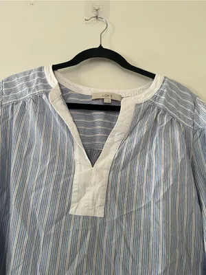 Loft Blue White Stripe Popover Peasant Top Large Coastal Nantucket Euro Summer thumbnail 3
