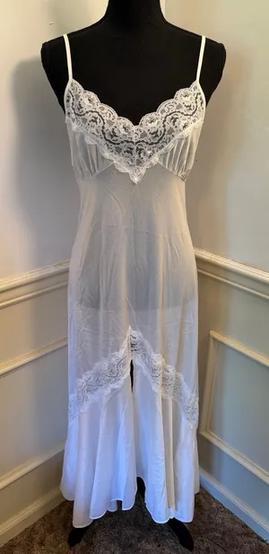 Vintage Maxi Nightgown Lace Trim Front Slit Slip Dress Coquette Bridal Lingerie thumbnail 1