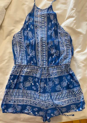 Lulus Blue & White Patterned Romper thumbnail 1
