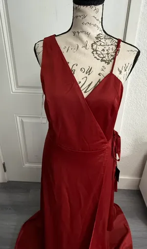 Lulus Poised Sophistication Rust Red Satin Wrap Maxi Dress - NWT - Size M - 63" Length thumbnail 6