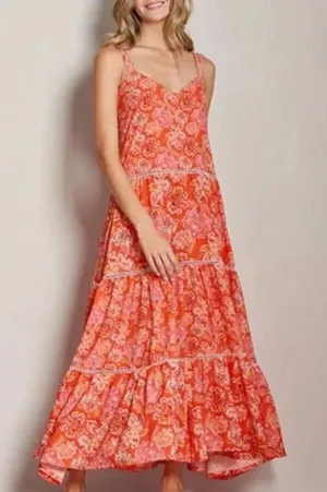 NWT Cosita Linda‎ Mandarin Floral Tiered Maxi Dress CL22548C Orange Pink Small thumbnail 1