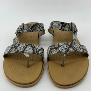 Crocs Tulum Toe Post Toe Sandal Snakeskin Gray Tan Women 8 Strappy Slip On Flip thumbnail 2
