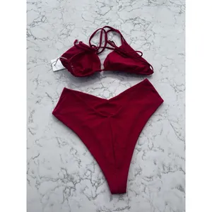 New Quince Cherry Red Italian Triangle Bikini Top & V Cut High Leg Bottom Medium thumbnail 2