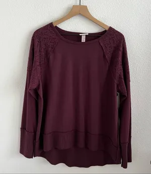 Knox Rose Maroon Lightweight Crewneck Pullover Sweater Top Lace Waffle Knit L thumbnail 1