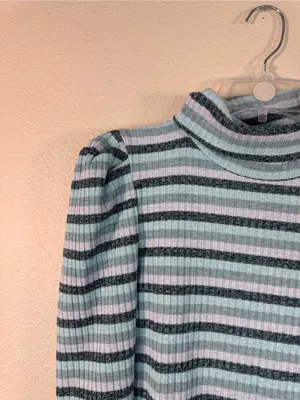Maeve Anthropologie Blue Striped Puff Shoulder Turtleneck Sweater Womens M Top thumbnail 11