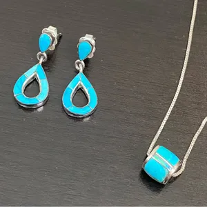 Sterling Silver Turquoise Inlay 16” Necklace and Earrings Set thumbnail 2