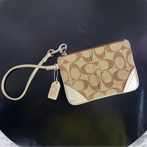 Coach Signature‎ Canvas Leather Wristlet Bag Beige Gold thumbnail 8