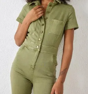 Urban Outfitters Emma Stretch Denim Flared Jumpsuit in Olive Green Size Small thumbnail 3