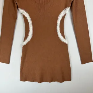 Mon Renn Brown Ribbed‎ Knit Mini Dress Long Sleeve Crochet Trim Detail Small thumbnail 5