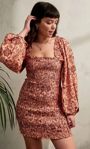 Free People Smock it to‎ Me Mini Dress Pink Floral Print Long Balloon Sleeves S thumbnail 1