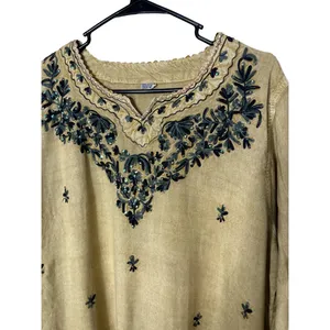 Beige Embroidered Long Sleeve‎ Pullover V Neck Bohemian Top Free Size Womens thumbnail 2