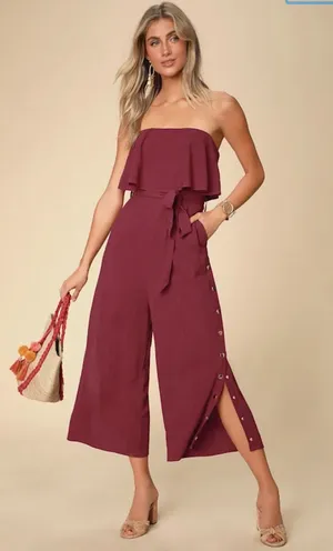 Lulus “Lanah” Burgundy Strapless Jumpsuit thumbnail 1
