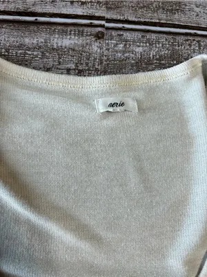 aerie Cream Cropped Button-Front Long Sleeve Top thumbnail 2
