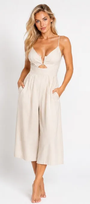 L’ATISTE Champagne Cutout Wide‎ Leg Jumpsuit Romper Wedding Guest Cocktail Glam thumbnail 1