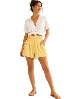 Rays For Days Summer Yellow And White Smocked Gingham Lace Up Tie Side Shorts thumbnail 8