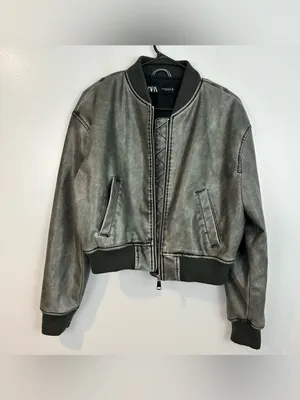 Zara Grey Zip Up Faux Leather Vegan Bomber Jacket Size Medium thumbnail 2