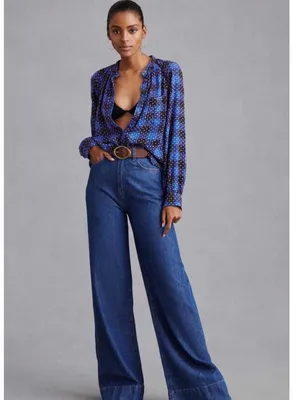 Anthropologie Pilcro Button Up Womens XS Blue Embroidered Plaid Crew Neck Blouse thumbnail 3
