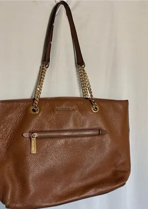 Michael Kors Cognac Pebbled Leather Tote with Gold Chain Straps zipper closure thumbnail 1