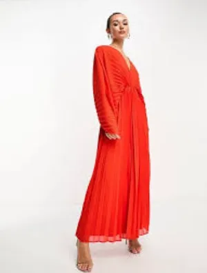 ASOS Pleated Maxi Dress Draped Balloon Cutout Sleeves Sz 8 vibrant flowy thumbnail 2
