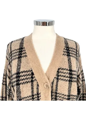 Joie Plaid Cardigan V-Neck Sweater Beige Black Size Large Preppy Grandpacore thumbnail 2