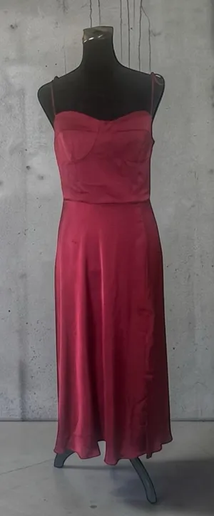 On You Burgundy Satin Slip Midi Dress S Square Neck Spaghetti Strap Zip thumbnail 1