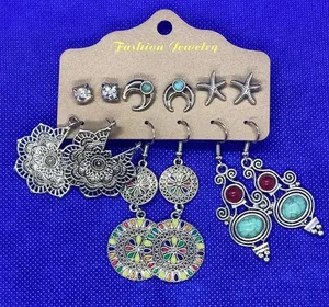 New boho‎ earrings crescent moon starfish geometric 6 pair multipack thumbnail 1