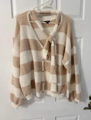 wild fable Beige & Cream Striped Tie-Neck Cardigan thumbnail 1