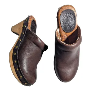 Lucky Brand Brown Leather Wooden Block Heel Studded Detail Clogs Sz 5.5 thumbnail 1