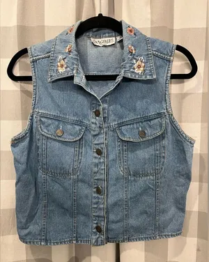 Vintage 90s 00s Tangibles Blue Denim Vest with Floral Embroidery thumbnail 1