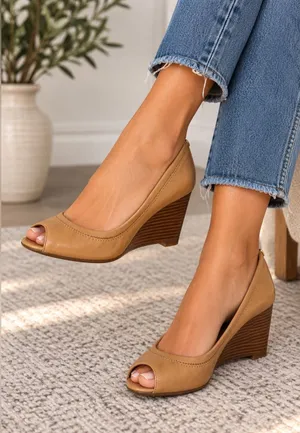 Tory Burch Sz 6.5 Tan Leather Peep Toe Wedge Pumps Heels thumbnail 1