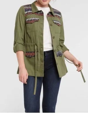 ModCloth- Olive Green Capulet Embroidered Aztec Utility Anorak Jacket- Size S thumbnail 1